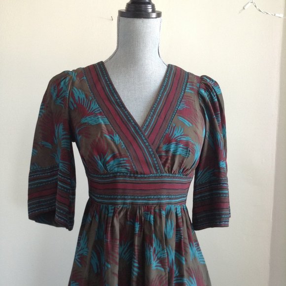 BETSEY JOHNSON V-NECK EMPIRE WAIST PRINT GREEN SHORT MINI DRESS 3/4 LONG SLEEVE - Picture 8 of 11